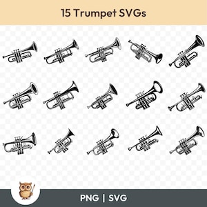 Paquete SVG de trompeta, clipart de trompeta, 15 archivos de corte de trompeta para Cricut, PNG y SVG, archivos de corte de imágenes vectoriales, imprimibles