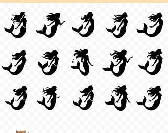 Pakiet SVG z sylwetką syreny, Clipart syreny, 15 plików do cięcia syreny dla Cricut, PNG i SVG, Pliki do cięcia obrazu wektorowego, Do druku
