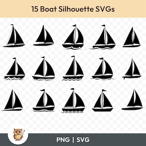 Boat Silhouette SVG Bundle, Boat Clipart, 15 Sailboat Cut Files for Cricut, PNG and SVG, Vector Image Cut Files, Printable