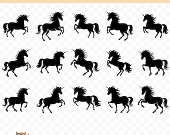 Könnte beinhalten: Fünfzehn schwarze Einhorn-Silhouetten als SVGs. Die Einhörner sind in verschiedenen Posen, darunter stehend, rennend und aufsteigend. Die Silhouetten sind alle in einem einfachen, klaren Stil.