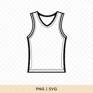May include: A black and white outline of a sleeveless basketball jersey. The jersey has a V-neck and black trim along the edges and armholes. The bottom of the jersey has a horizontal black stripe. The text "PNG | SVG" is at the bottom.