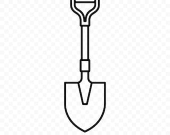May include: A black and white line drawing of a shovel. The shovel has a D-shaped handle, a long shaft, and a curved blade. The text "PNG | SVG" is at the bottom.