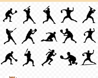 Paquete SVG de silueta de jugador de béisbol, clipart de jugador de béisbol, 15 archivos de corte de béisbol para Cricut, PNG y SVG, archivos de corte de imágenes vectoriales