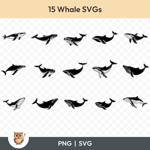 Whale SVG Bundle, Whale Clipart, 15 Whale Silhouette Cut Files for Cricut, PNG and SVG, Vector Image Cut Files, Printable