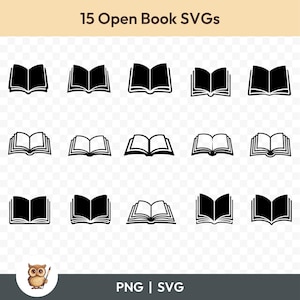 Open boek SVG-bundel, boek clipart, 15 boekgesneden bestanden voor Cricut, PNG en SVG, gesneden vectorafbeeldingsbestanden, afdrukbaar