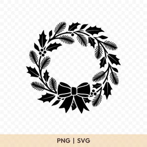 May include: A black and white Christmas wreath design featuring holly leaves, pine needles, and berries. A large bow is centered at the bottom. The text "PNG | SVG" is at the bottom.
