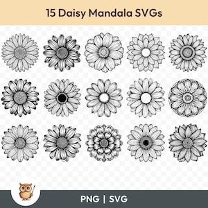 Daisy Mandala SVG-bundel, Daisy Mandala Clipart, 15 Daisy Mandala Cut-bestanden voor Cricut, PNG en SVG, Vector gesneden afbeeldingsbestanden, afdrukbaar