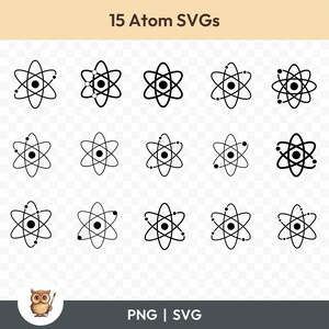Może przedstawiać: Zestaw 15 czarno-białych atomów SVG. Atomy są przedstawione jako koło z krążącymi elektronami. Pliki SVG idealnie nadają się do wykorzystania w projektach naukowych, materiałach edukacyjnych lub do tworzenia unikalnych wzorów.