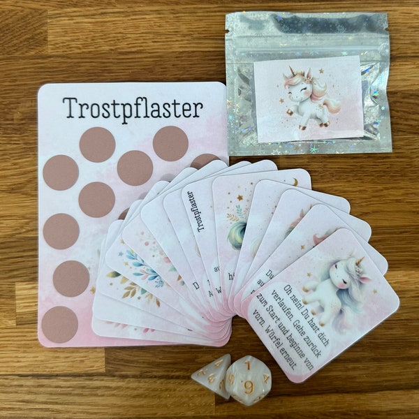 Unicorn Trostpflaster || Sparspiel Zusatz || 13 laminierte Kärtchen || 12er Würfel || 4er Würfel || 8 Lose