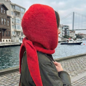 Handmade Sophie Hood Scarf,  Soft Mohair Blend Knit Hood, Cozy Winter Hooded Scarf, Warm Red Tie Hood for Women