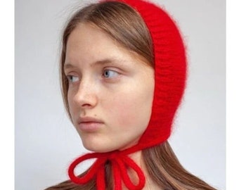 Hand Knit Tie Bonnet, Red Winter Warm Hat, Crochet Balaclava Bonnet, Handknitted Bonnet, Handmade Bonnet, Unisex Bonnet, Handmade Balaclava