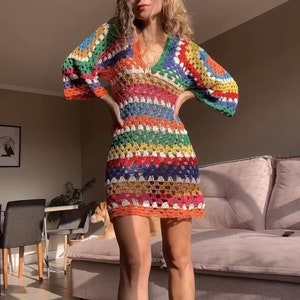 Crochet Colorful Dress, Festival Handmade Summer Dress, Women Dress, Gift for Her, Vintage Dress, Striped Colorful Dress