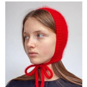 Bonnet à nouer en tricot main, bonnet d'hiver rouge, bonnet cagoule au crochet, bonnet tricoté main, bonnet fait main, bonnet unisexe, cagoule fait main image 1