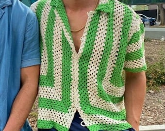 Crochet Shirt, Shirts for Men, Green Cream Shirt, Unisex Shirt, Handmade Shirt, Beach Summer Shirt, Crochet Men Clothes, Vintage Style Shirt