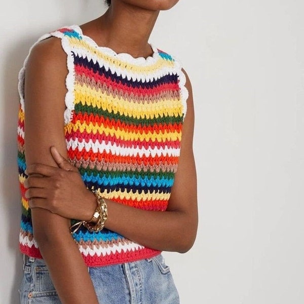 Crochet Striped Ziggy Vest for Women, Rainbow Sweater, Handmade Colorful Top for Women, Crochet Sweater Vest, Multicolor Sweater Vest