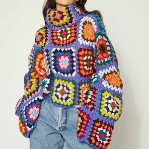 Crochet Turtleneck Sweater, Mochi Granny Square Sweater, Handmade Patchwork Sweater, Crochet Winter Sweater for Women, Oversize Sweater