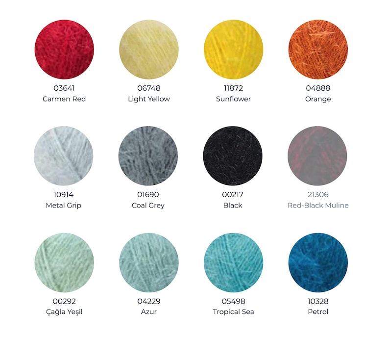 May include: A color chart featuring twelve circular swatches of fuzzy yarn in various shades including Carmen Red, Light Yellow, Sunflower, Orange, Metal Grip, Coal Grey, Black, Red-Black Muline, &Ccedil;ağla Yeşil, Azur, Tropical Sea, and Petrol.