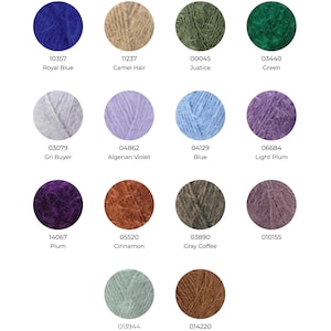 May include: A color chart featuring fourteen circular swatches of fuzzy yarn in various shades including royal blue, camel hair, justice green, gray, algerian violet, light blue, light plum, plum, cinnamon, gray coffee, and two unlabeled colors.