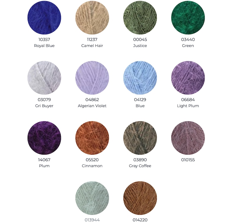 May include: A color chart featuring fourteen circular swatches of fuzzy yarn in various shades including royal blue, camel hair, justice green, gray, algerian violet, light blue, light plum, plum, cinnamon, gray coffee, and two unlabeled colors.