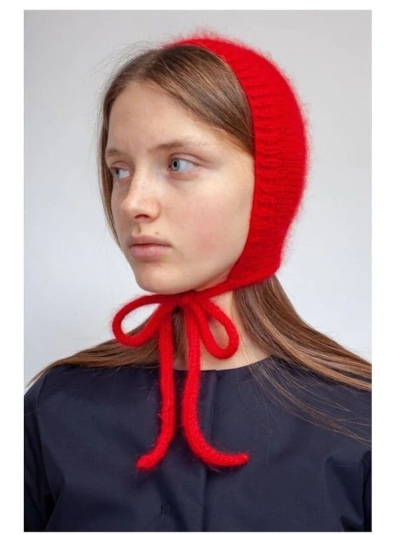 Bonnet à nouer en tricot main, bonnet d'hiver rouge, bonnet cagoule au crochet, bonnet tricoté main, bonnet fait main, bonnet unisexe, cagoule fait main image 1