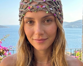 Gorro de malla de algodón a crochet: gorro con lentejuelas, gorro Juliet