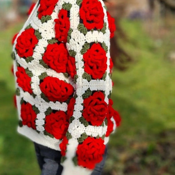Crochet Jumbo Rose Cardigan Red Rose Granny Square Cardigan - Etsy Canada