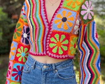 Cardigan a maniche lunghe all'uncinetto modello Grandma Square, giacca in cotone con stampa floreale Ziggy Boho