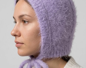 Mohair Knitted Bonnet: Fluffy Bow Tie Balaclava Hat