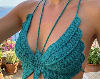 Butterfly Crochet Top: %100 Cotton Bohemian Halter 65 Color Option