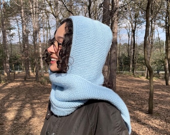 100% Wool Sophie Hood Scarf: Hand-Knitted Winter Headwear