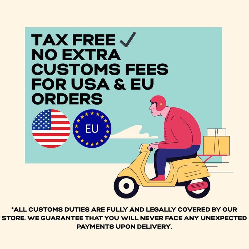 Graphic stating “Tax free, no extra customs fees for USA & EU orders,” with US and EU flag icons and an illustration of a delivery rider on a scooter with packages; small print says customs duties are covered by the store.