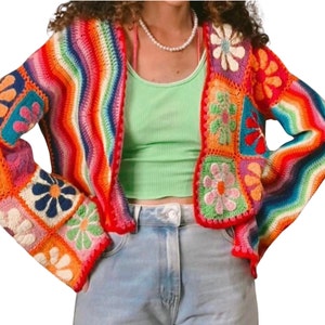 Crochet Granny Square Jacket for Women, Colorful Granny Square Cardigan, Crochet Floral Jacket, Handmade Granny Square Oversized Cardigan