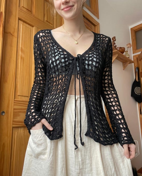 Mesh Crochet Cardigan : Cotton Blend Long Sleeve Blouse - Etsy