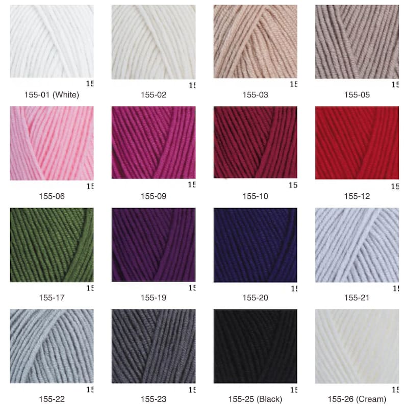 May include: A grid of sixteen yarn skeins in various solid colors, including white, beige, pink, red, olive green, purple, navy blue, gray, and black. Each square displays a color sample labeled with a numeric code like 155-01, 155-02, and 155-25.