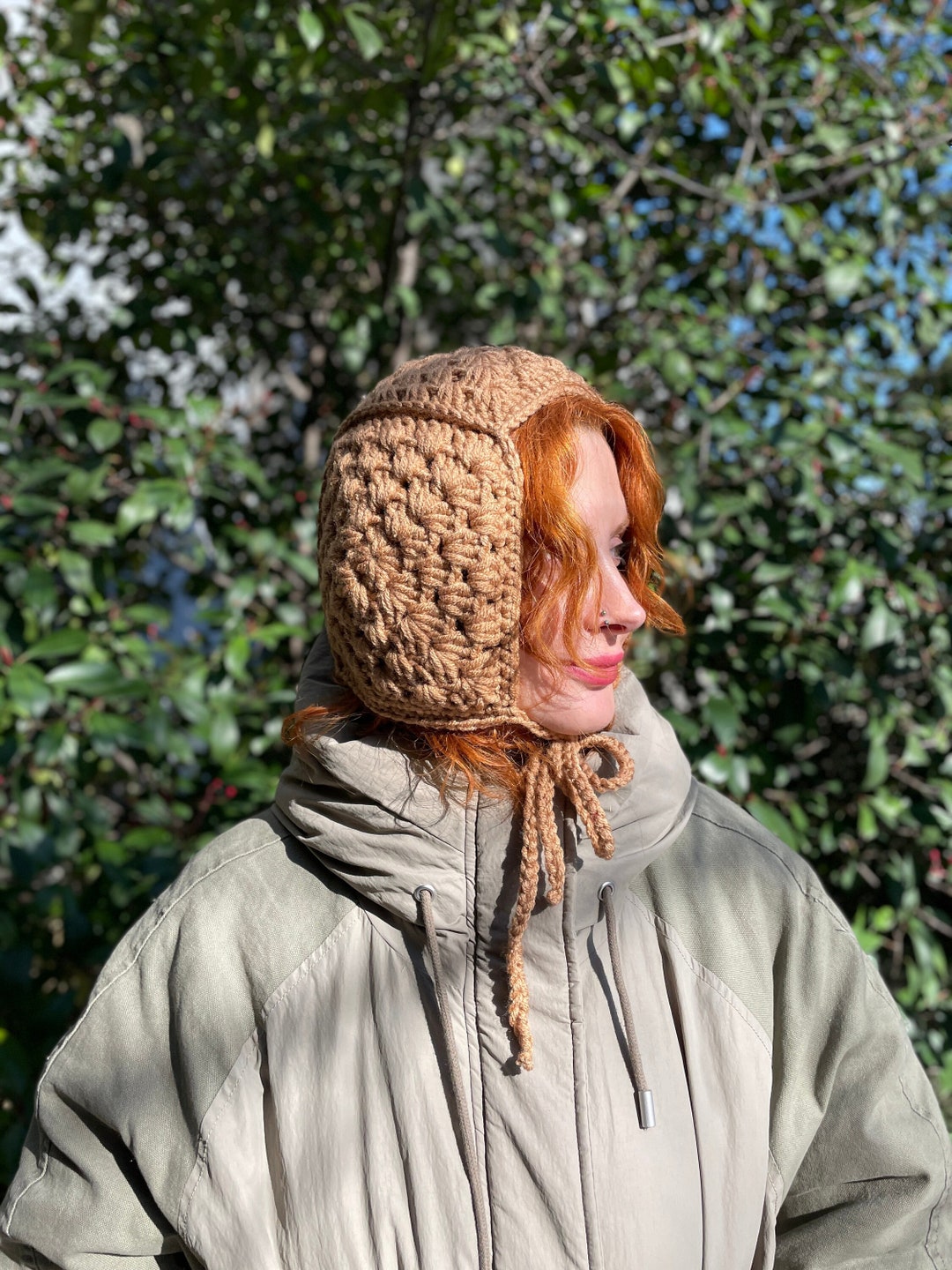 Crochet Granny Square Bonnet, Handmade Bonnet With Tie, Warm Winter Hat ...