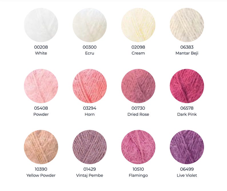 May include: A color chart featuring twelve circular swatches of fuzzy yarn in various shades. The colors include white, ecru, cream, mantar beji, powder, horn, dried rose, dark pink, yellow powder, vintaj pembe, flamingo, and live violet.