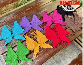 Crochet Butterfly Crop Top, 2-5 Days Delivery, Handmade Cotton Summer Top, 10 Colors Butterfly Top, Gift for Her, Festival Cloth, Crop Top