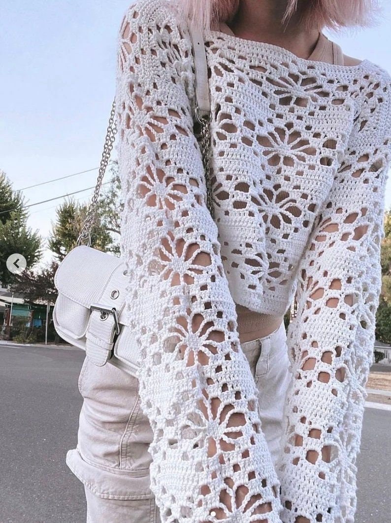 Flower Crochet Sweater, Crochet Long Sleeve Top, Handmade