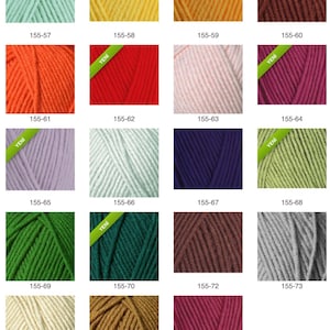 May include: A grid of twenty yarn skeins in various solid colors including mint, yellow, orange, red, pink, purple, green, blue, brown, gray, and cream. Each square features a numerical code below it, and some include a green diagonal banner.