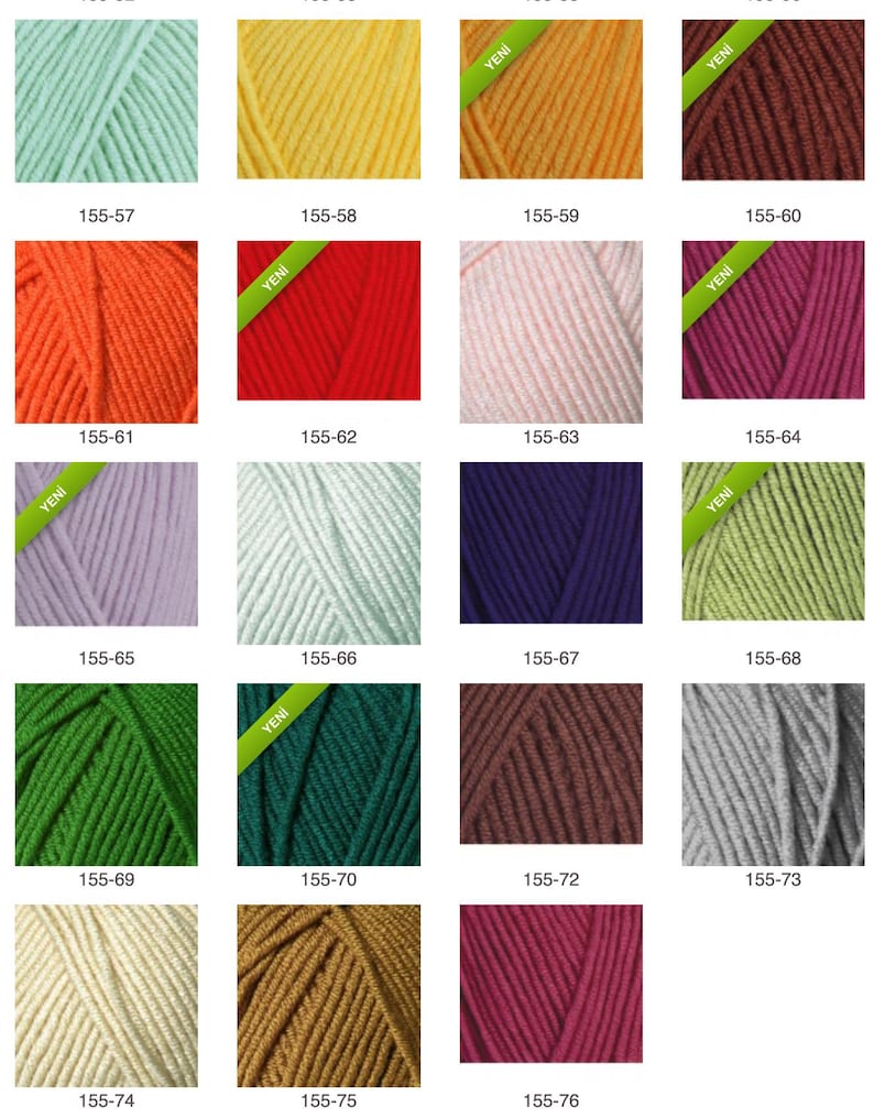 May include: A grid of twenty yarn skeins in various solid colors including mint, yellow, orange, red, pink, purple, green, blue, brown, gray, and cream. Each square features a numerical code below it, and some include a green diagonal banner.
