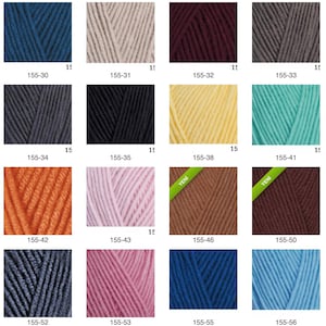 May include: A grid of sixteen yarn color samples labeled with codes 155-30 through 155-56. The colors include blue, beige, burgundy, gray, charcoal, black, yellow, turquoise, orange, light pink, brown, dark brown, navy, and light blue.