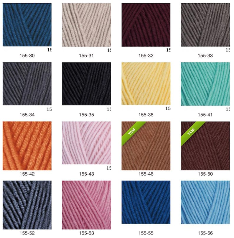 May include: A grid of sixteen yarn color samples labeled with codes 155-30 through 155-56. The colors include blue, beige, burgundy, gray, charcoal, black, yellow, turquoise, orange, light pink, brown, dark brown, navy, and light blue.