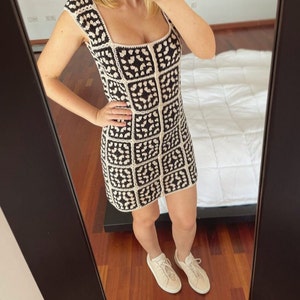 Black White Granny Square Dress, Crochet Dress, Handmade Women Dress