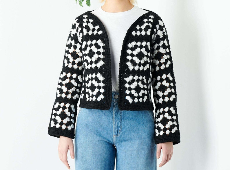 Crochet Granny Square Cardigan Jacket Women Unisex Black Etsy