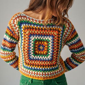 Suéter de crochê quadrado colorido estilo anos 70 da vovó: Pulôver de algodão e mohair, tamanhos XXS a 3XL
