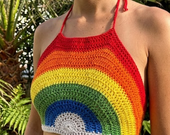 Gehaakte haltertop van 100% katoenen regenboog: crop top LGBTQ Pride Festival