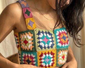 Crochet Granny Square Crop Top: Retro Blouses