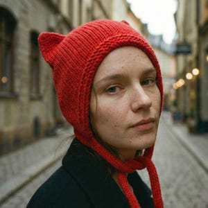 Red Cat Ear Bonnet , Devil Ear Knit Bonnet, Wool Tie Bonnet for Women