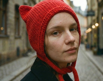 Gorro con orejas de gato rojas, gorro de punto con orejas de diablo, gorro de lana con lazo para mujer