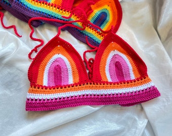 Pride Crop Top, Lesbian Crochet Top, Pride Outfit, Triangel Handmade Pride Top, Pride Parade Outfit, Rainbow Corset, Pride Outfit Plus Size